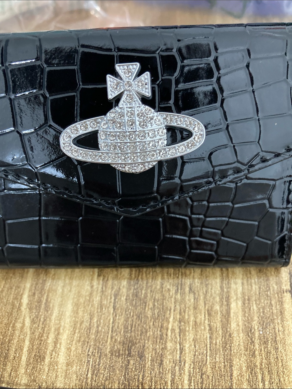 Black Patent Croc Wallet with Rhinestone Orb Accent